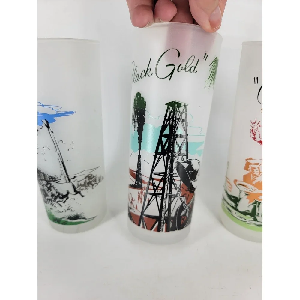 vtg frosted glass highball glasses Gold Strike Black Gold Iron Horse Southern Be